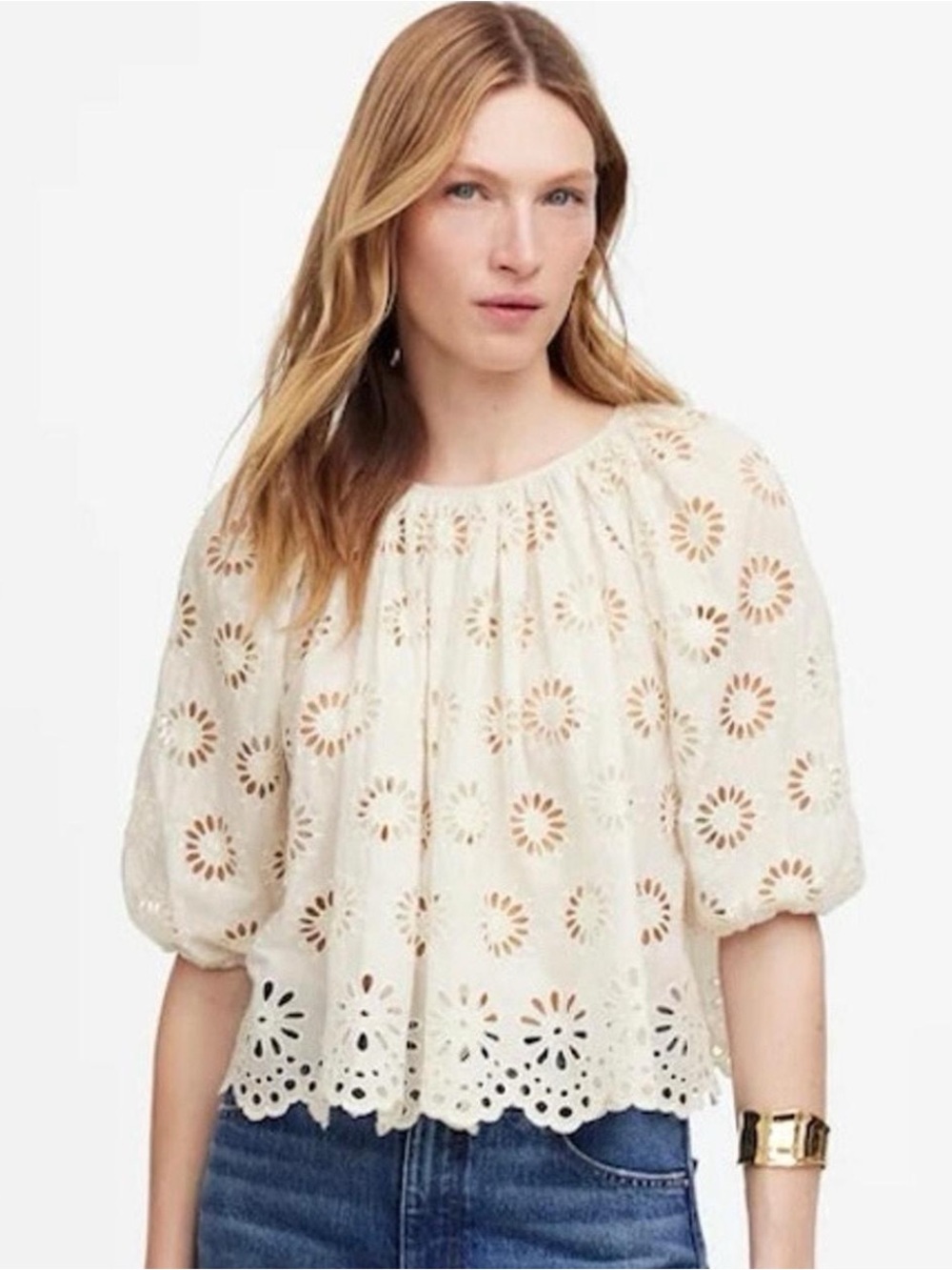 Madewell Cream Eyelet Puff-Sleeve Blouse